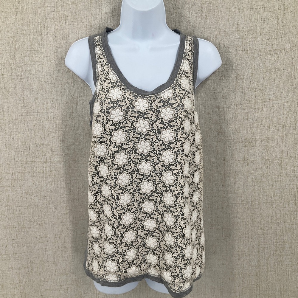 J. Crew Tank Top Women Small Gray Floral Lace Overlay Sleeveless Boho Classic
